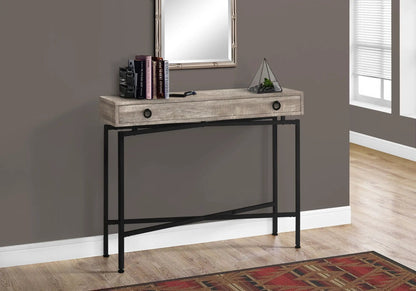 Accent console table with weathered wood finish, storage drawer, and black metal legs for entryway on Tampa Home & Garden Store