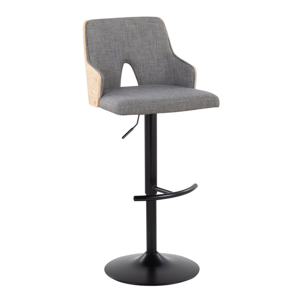Contemporary adjustable barstool set with gray fabric, wood frame, and black swivel pedestal on Tampa Home & Garden Store