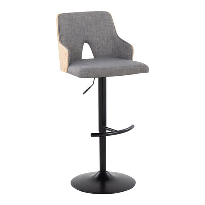 Contemporary adjustable barstool set with gray fabric, wood frame, and black swivel pedestal on Tampa Home & Garden Store