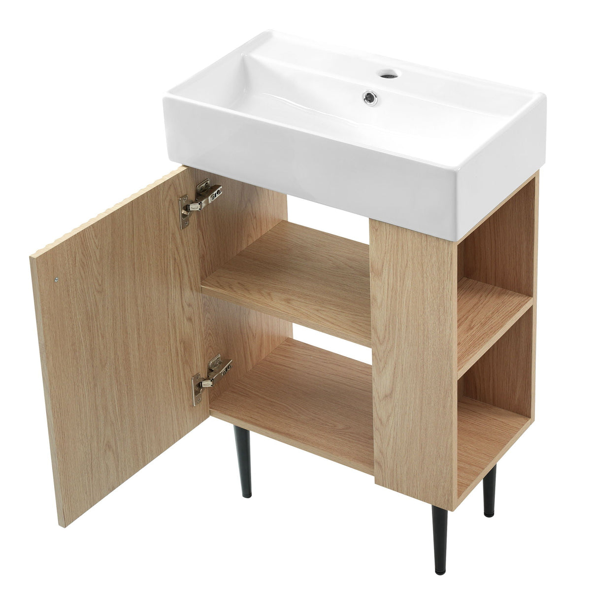 Bathroom vanity with white ceramic sink and side storage on natural wood cabinet on Tampa Home & Garden Store