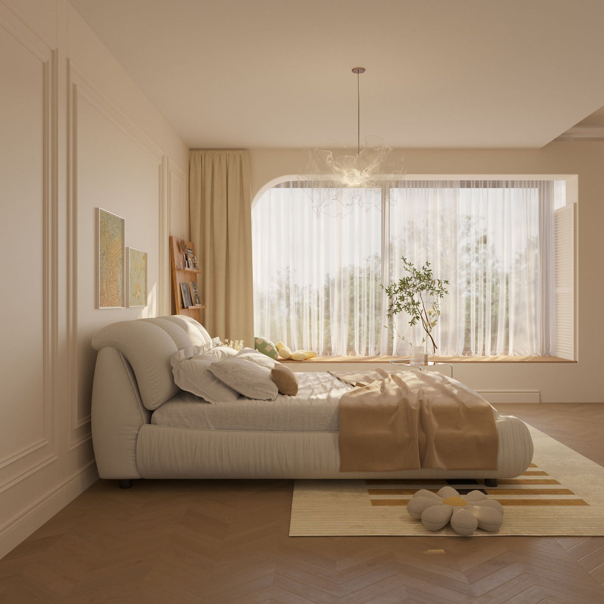 Luxury upholstered platform bed with oversized padded backrest and solid wood frame in beige on Tampa Home & Garden Store