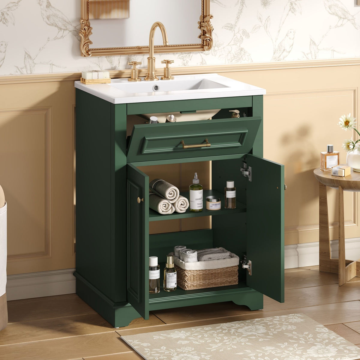 Bathroom vanity with integrated white sink, brass faucet, dark green cabinet and storage shelves on Tampa Home & Garden Store