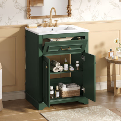 Bathroom vanity with integrated white sink, brass faucet, dark green cabinet and storage shelves on Tampa Home & Garden Store