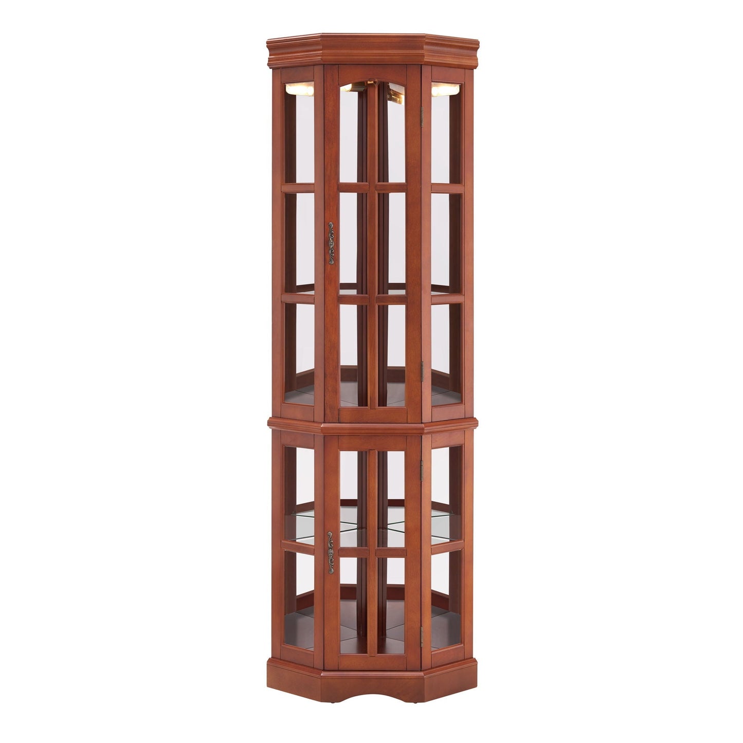 Corner curio cabinet with 5 glass shelves and built-in lighting in warm cherry wood finish on Tampa Home & Garden Store