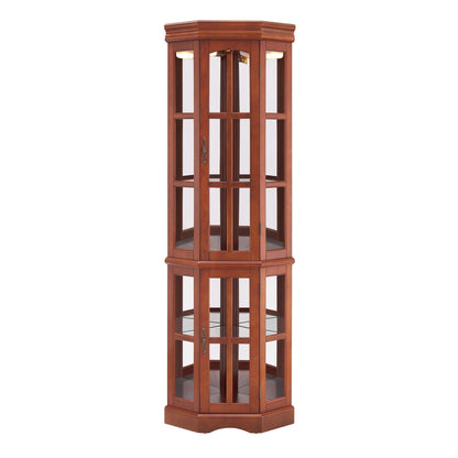 Corner curio cabinet with 5 glass shelves and built-in lighting in warm cherry wood finish on Tampa Home & Garden Store