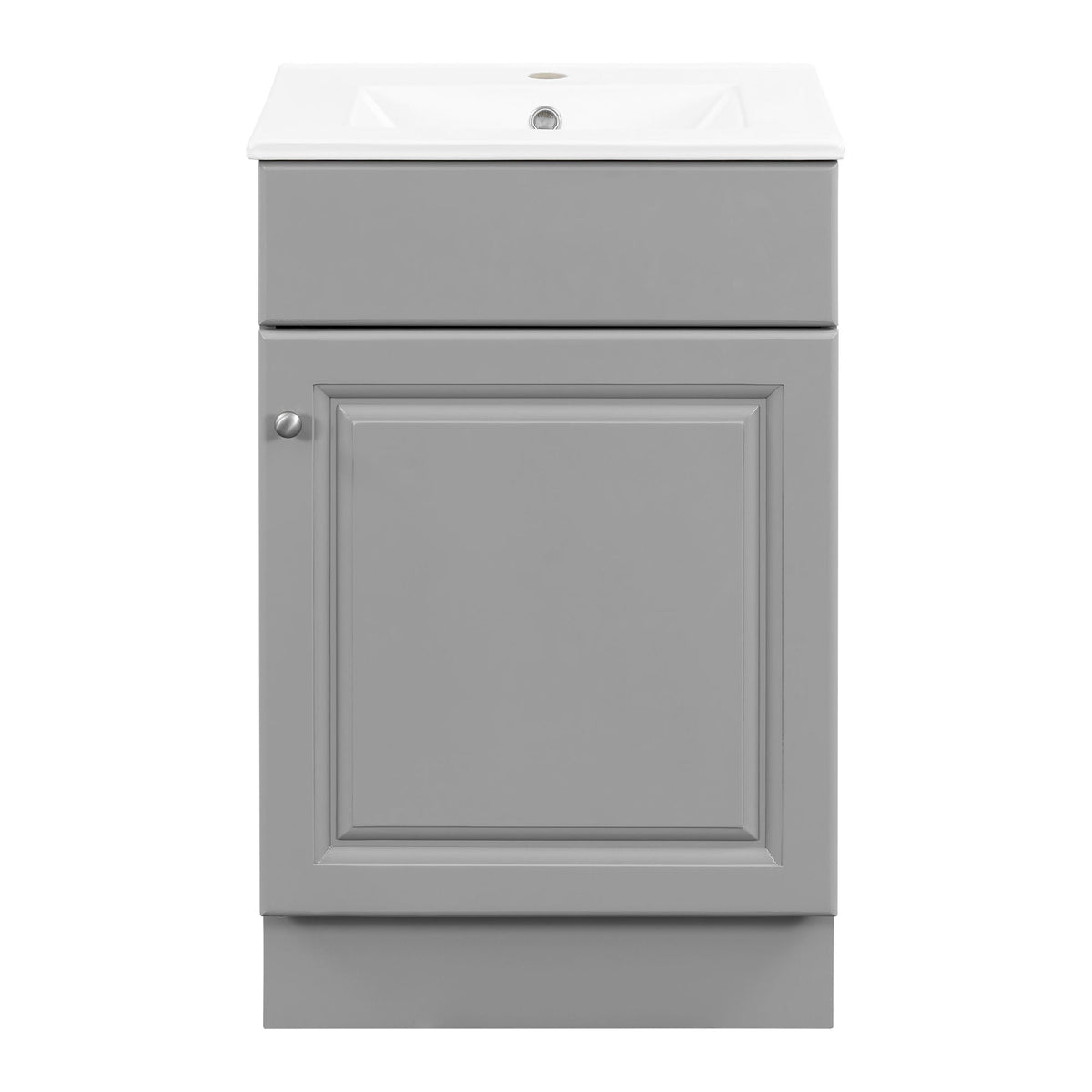 Bathroom vanity with white countertop and gray base cabinet, built-in sink on Tampa Home & Garden Store