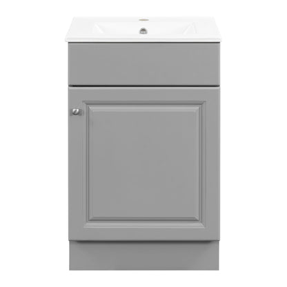 Bathroom vanity with white countertop and gray base cabinet, built-in sink on Tampa Home & Garden Store