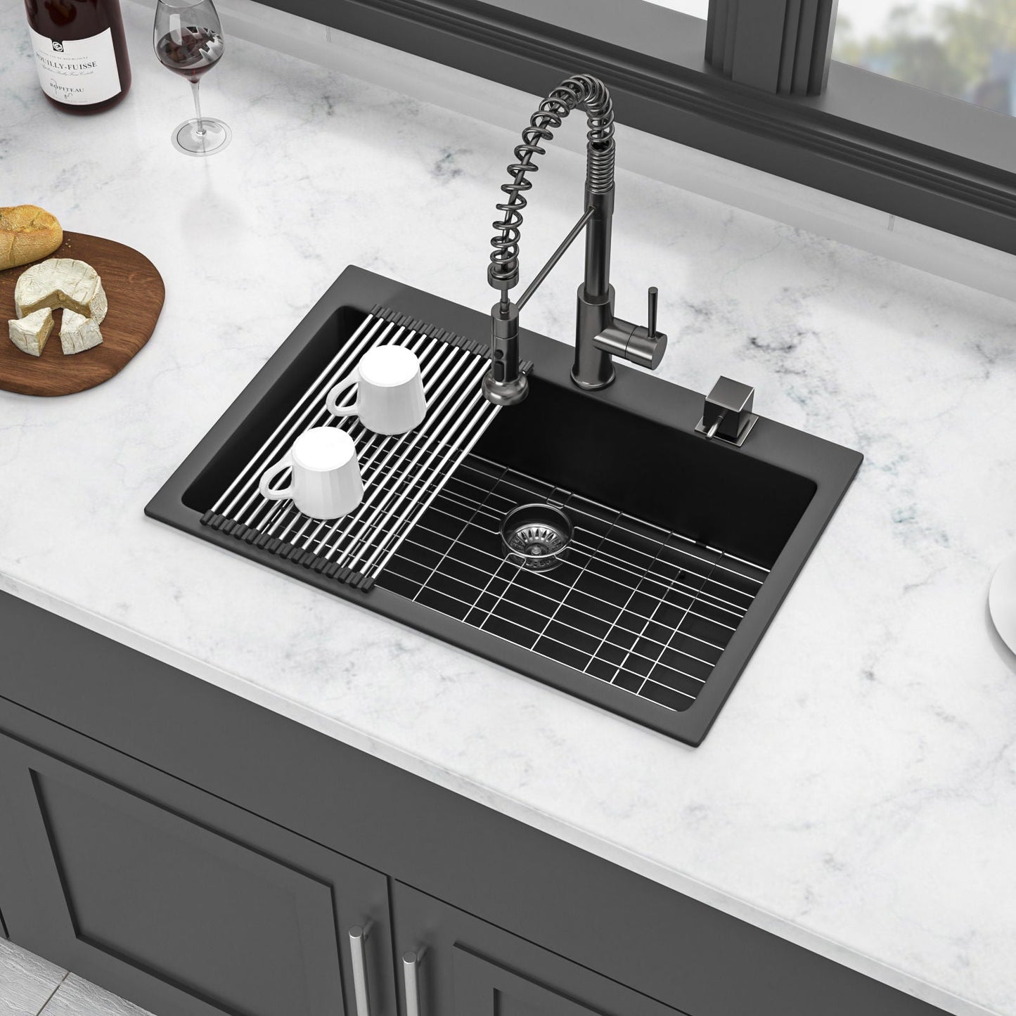 Black Quartz Composite Drop In Kitchen Sink