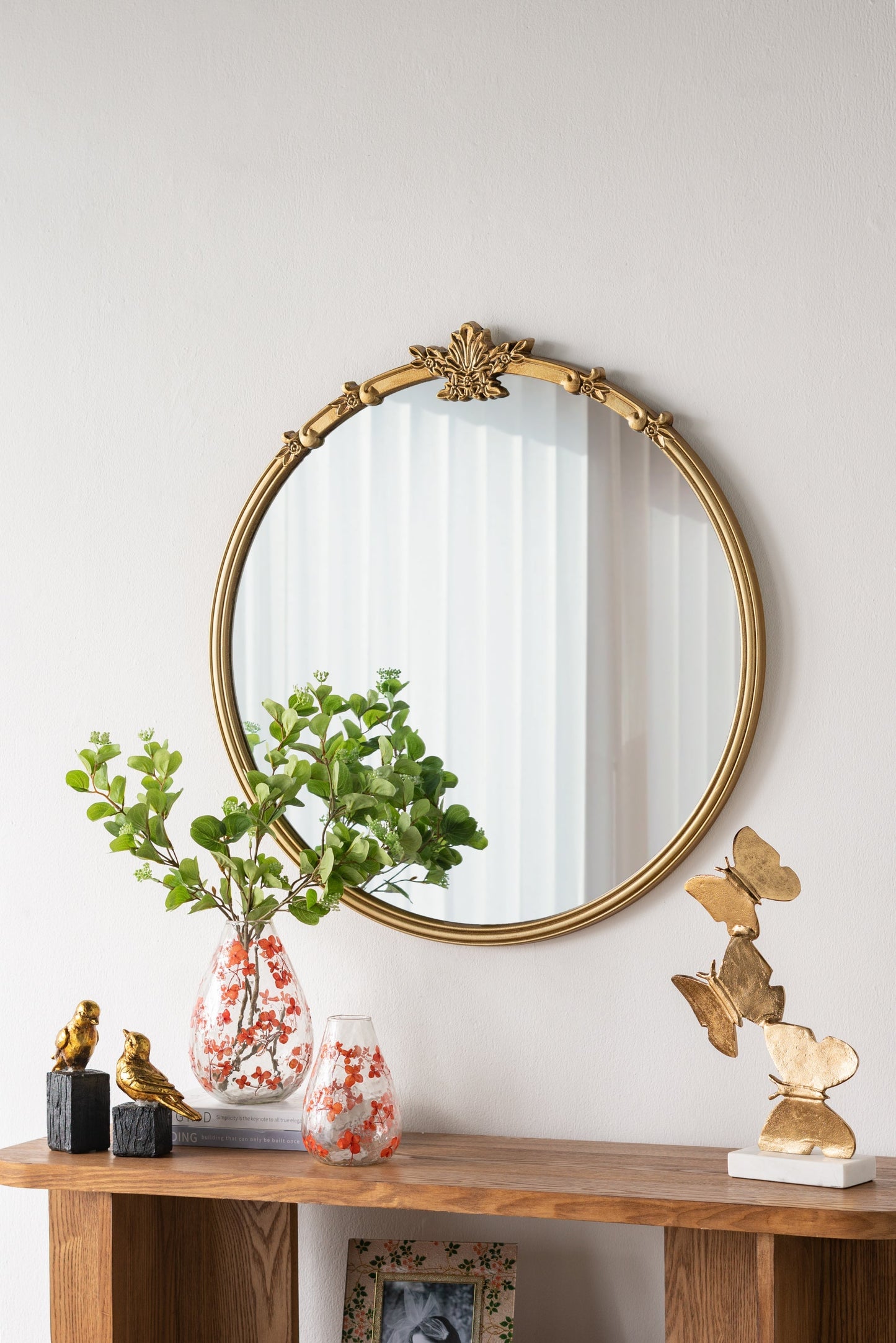 30x31-inch round wall mirror with gold finish and leaf crest on Tampa Home & Garden Store