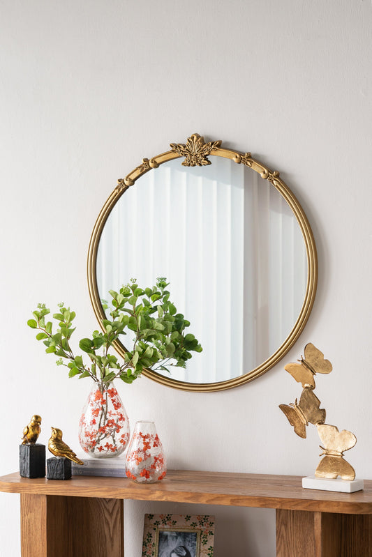 30x31-inch round wall mirror with gold finish and leaf crest on Tampa Home & Garden Store