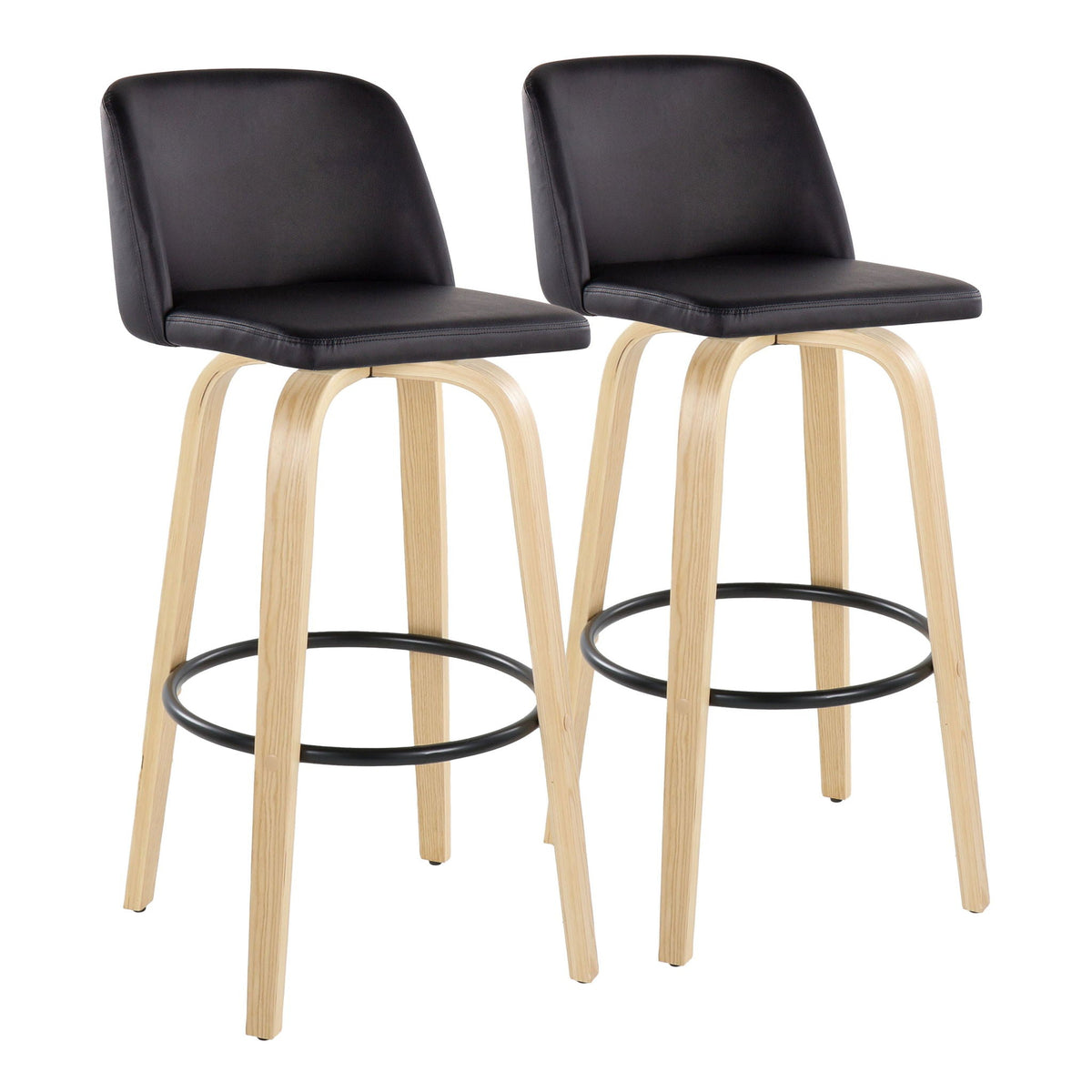 Pair of contemporary fixed-height barstools with black faux-leather seats and light wood legs on Tampa Home & Garden Store