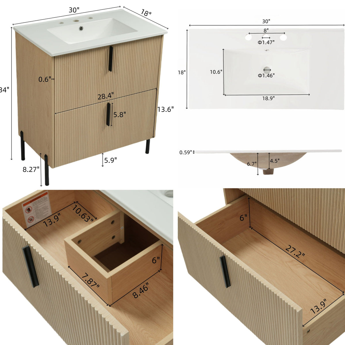 Bathroom vanity with ceramic white sink and fluted light brown wood cabinet by HouseOfZazla on Tampa Home & Garden Store