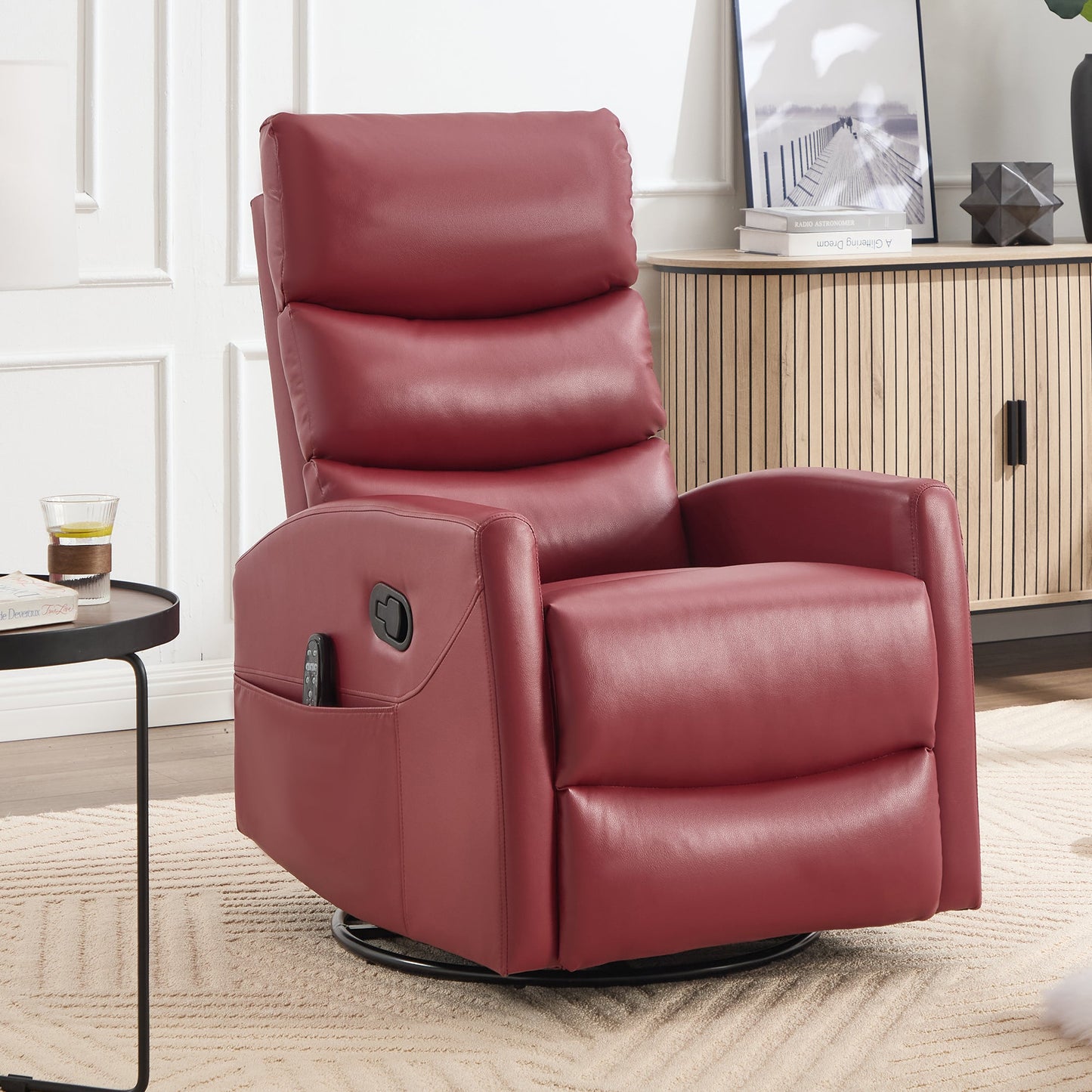 Heat Massage Manual Recliner Chair by HouseOfZazla in burgundy leather with rocker and swivel on Tampa Home & Garden Store