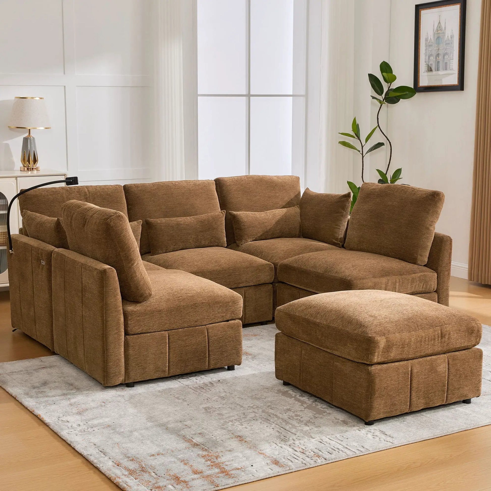 Brown modular U-shaped sofa bed with movable ottoman, 2-piece set by Unique Piece Furniture on Tampa Home & Garden Store