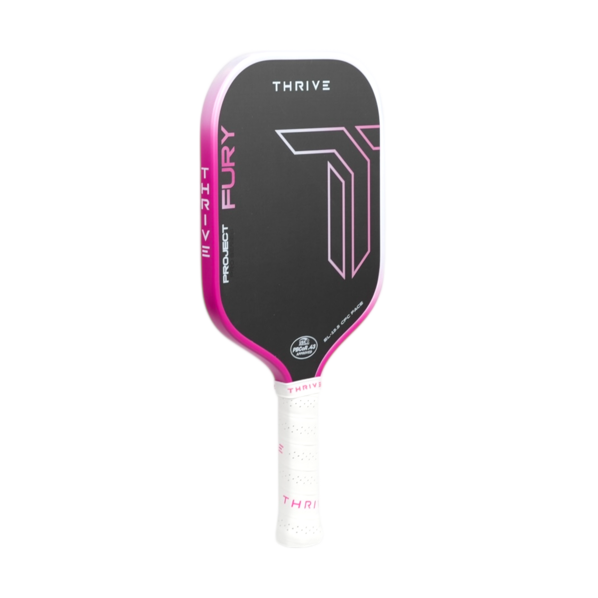 FURY 15.5 mm pickleball paddle by Thrive Pickleball black face with pink edge and white grip on Tampa Home & Garden Store
