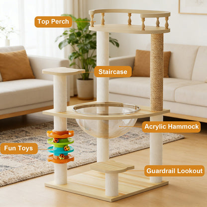 32.2in Modern Cat Tower for Indoor Cats light wood, sisal posts, acrylic hammock, top perch on Tampa Home & Garden Store