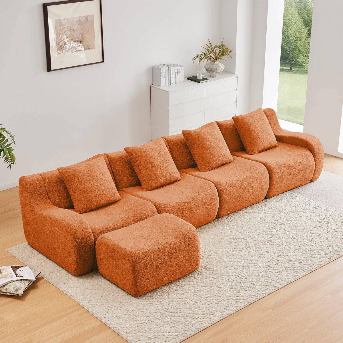 L-Shaped 4-Seat Boneless Sofa orange boucle fabric by HouseOfZazla on Tampa Home & Garden Store