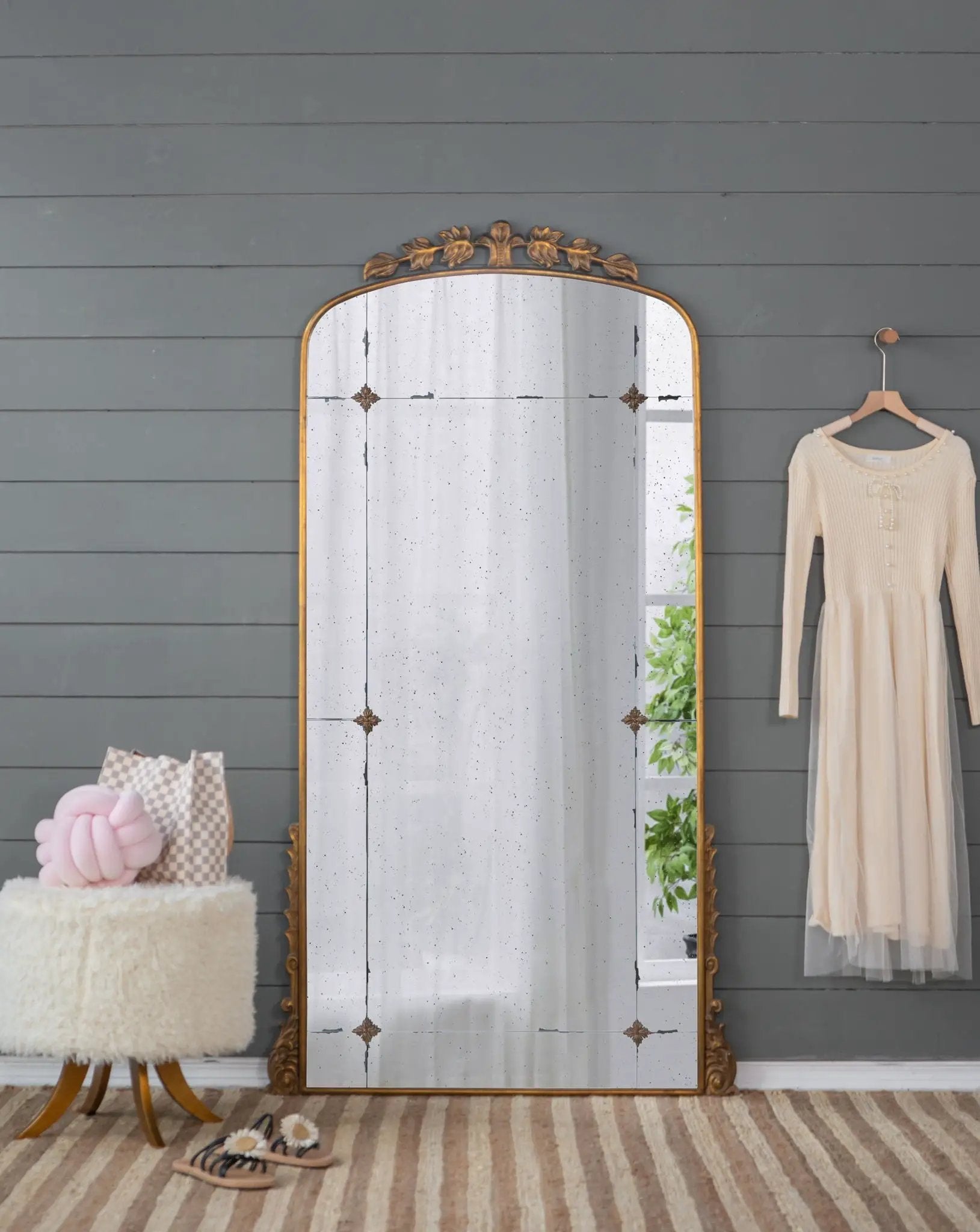 Lavish full-length mirror with antique gold metal frame and ornate top by Unique Piece Furniture on Tampa Home & Garden Store