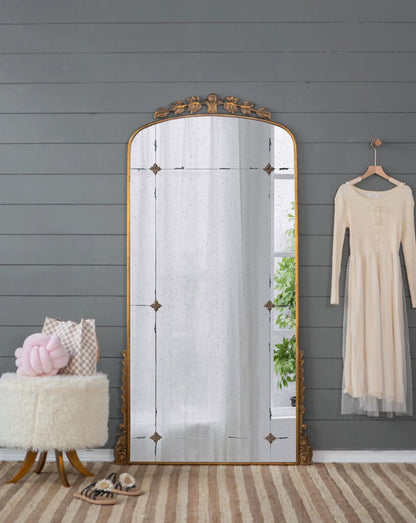 Lavish full-length mirror with antique gold metal frame and ornate top by Unique Piece Furniture on Tampa Home & Garden Store