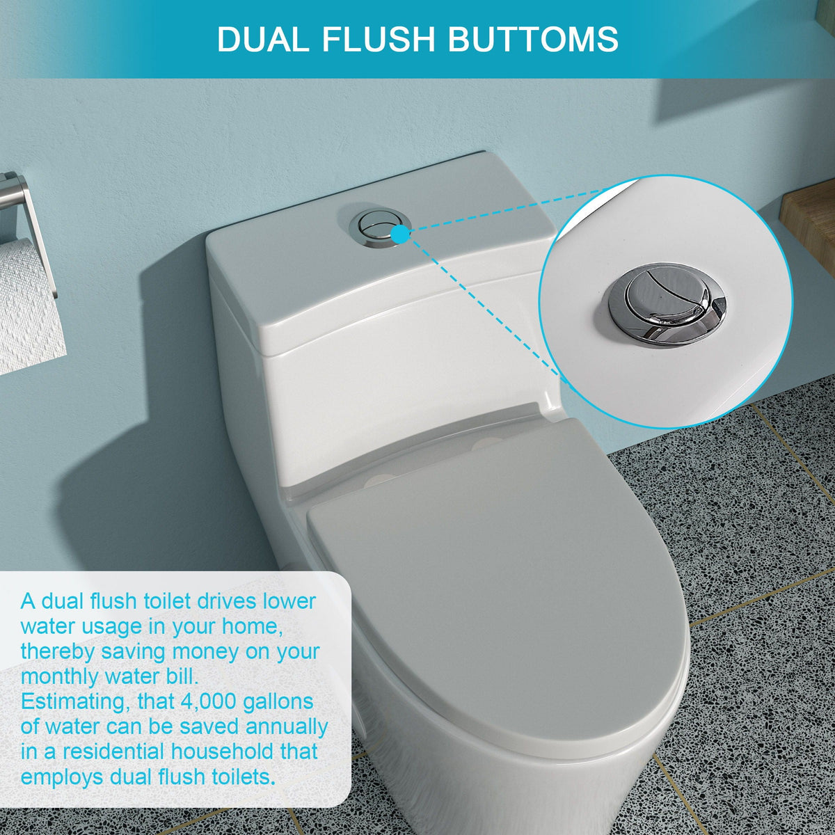 Dual flush 1-piece white toilet with soft closing seat on Tampa Home & Garden Store