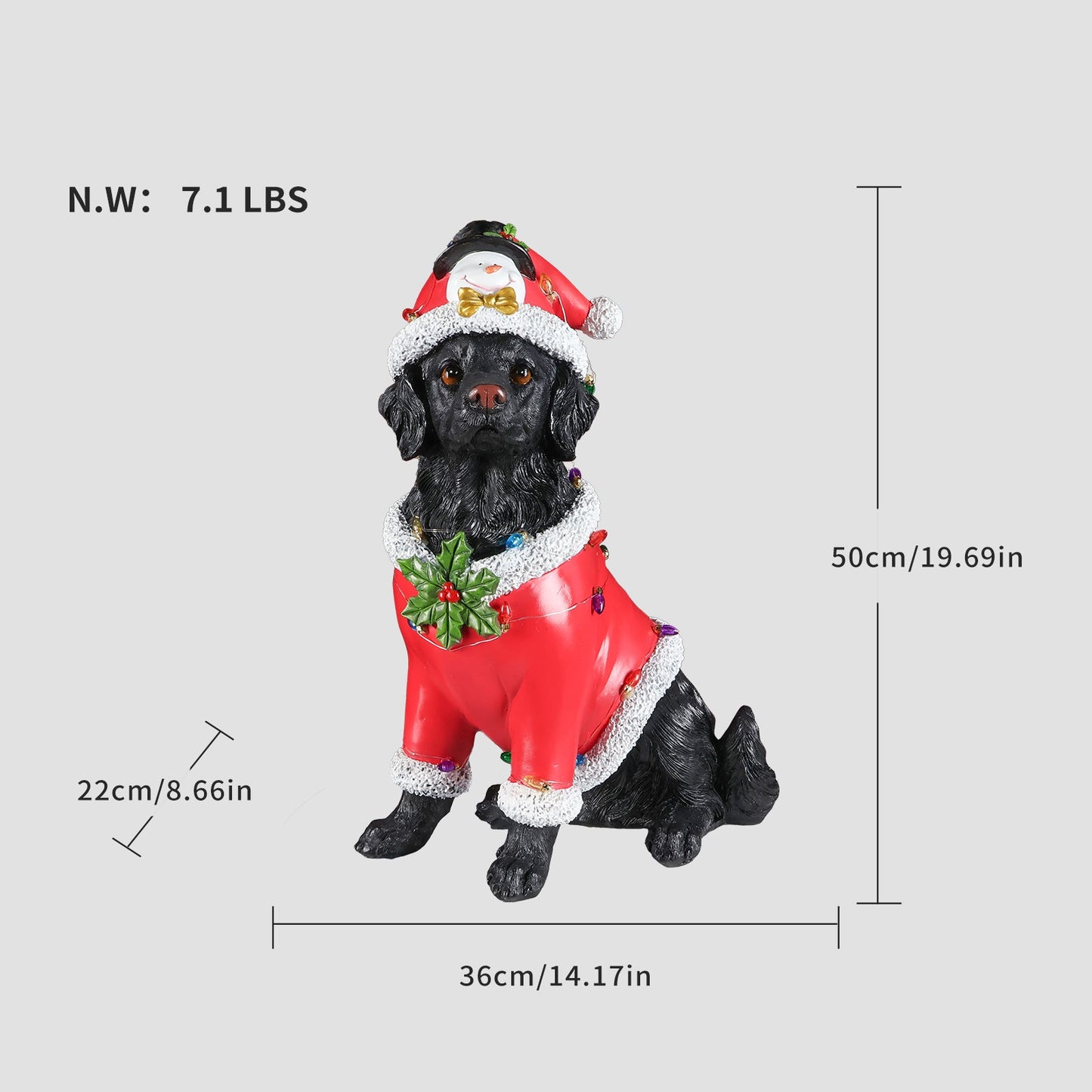 Christmas dog statue Black dog in red Santa suit with white fur trim and holly garland on Tampa Home & Garden Store