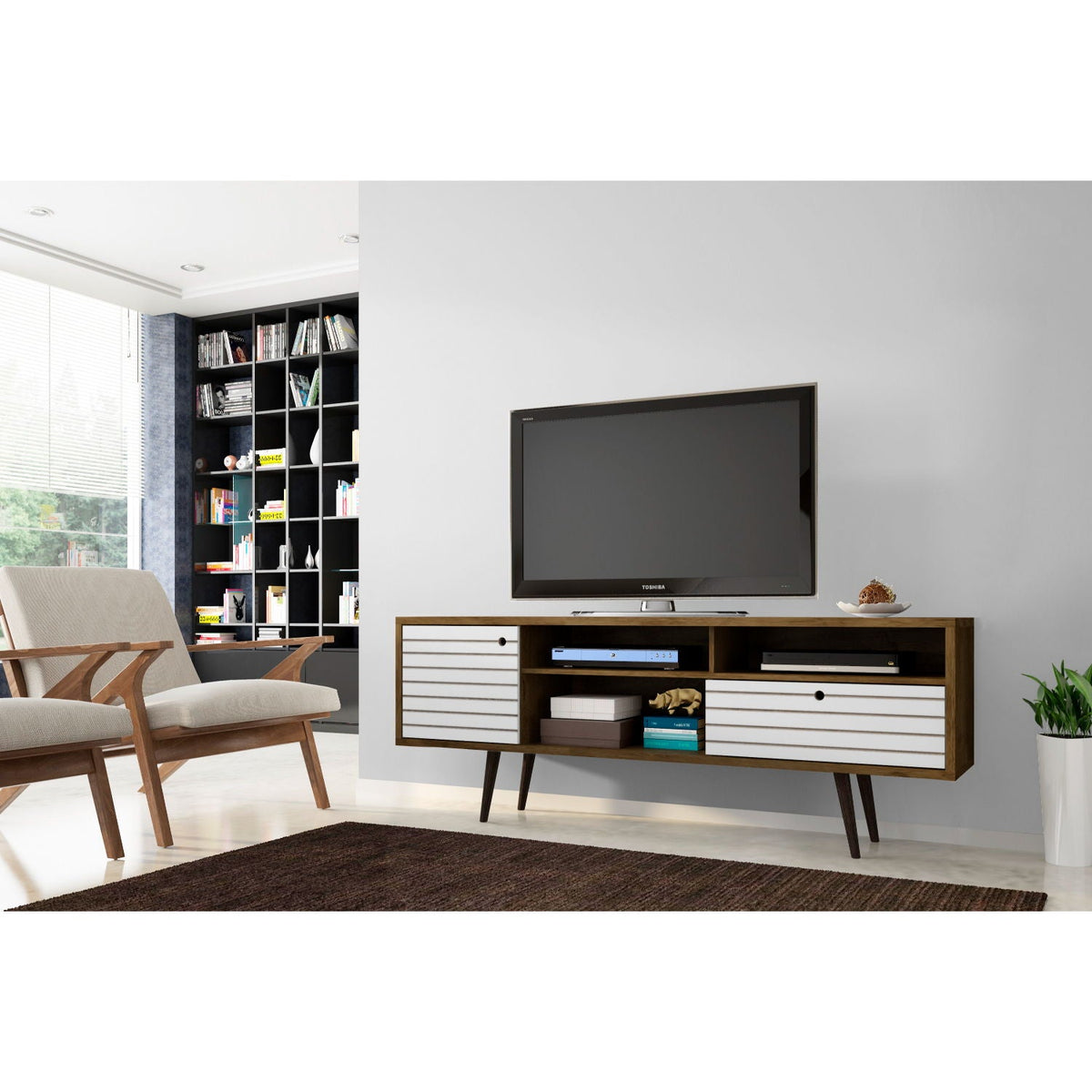 TV Stand by HouseOfZazla with wire management and white louvered drawer fronts on Tampa Home & Garden Store