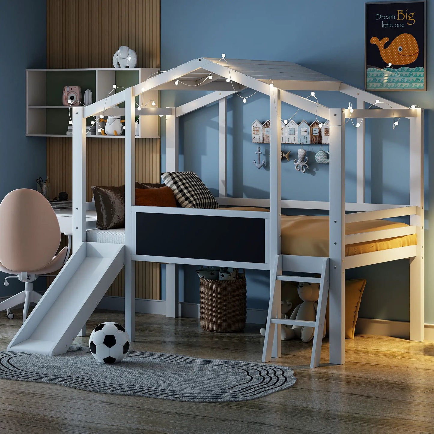 Loft House Bed With Ladder and Slide and Light