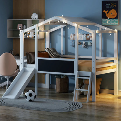 Loft House Bed With Ladder and Slide and Light