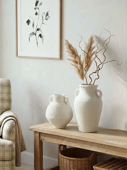 Rustic White Terracotta Tall Vase with Ribbed Texture and a second ribbed vase on a wooden table on Tampa Home & Garden Store