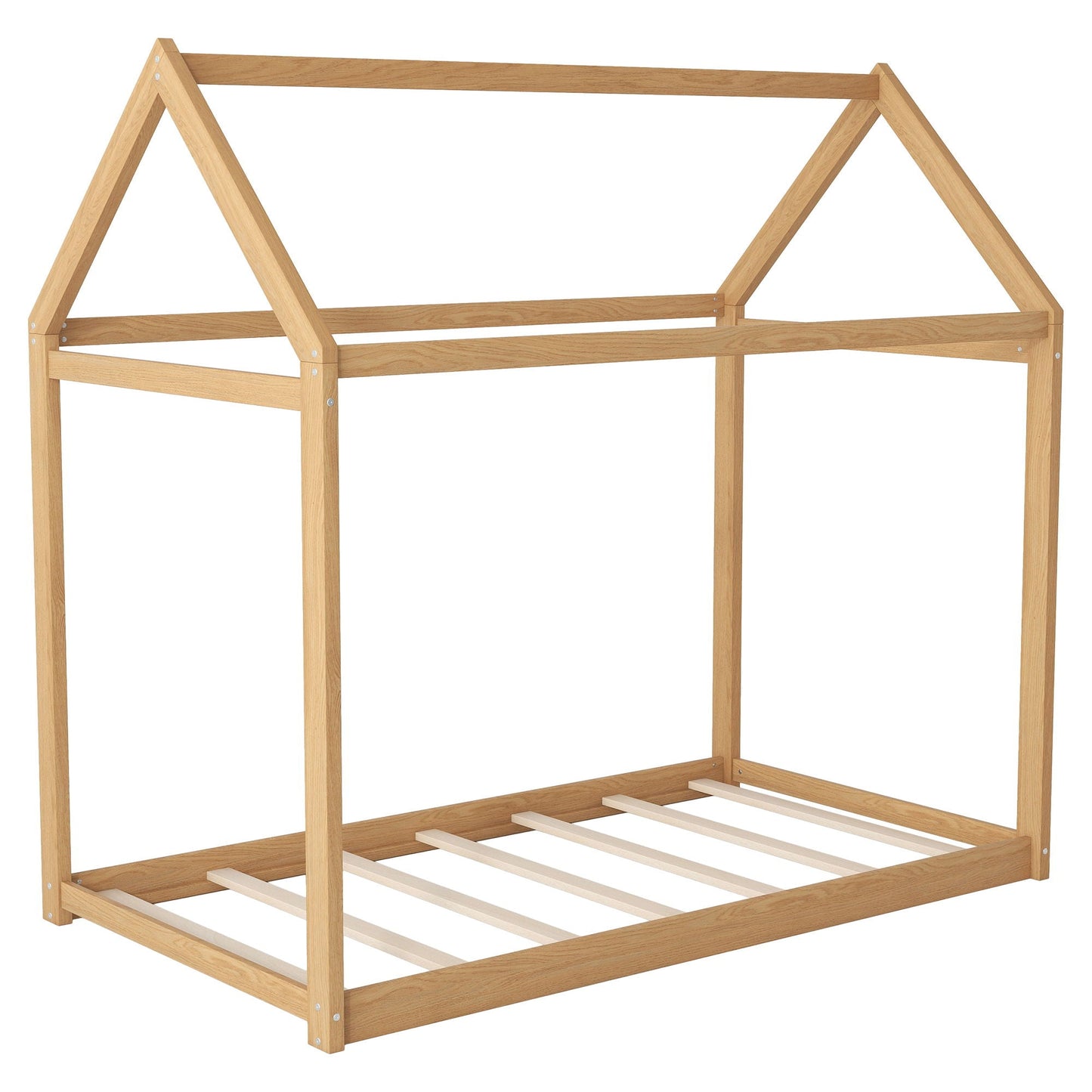 Wooden house-shaped bed frame with A-frame roofline and slatted platform base on Tampa Home & Garden Store