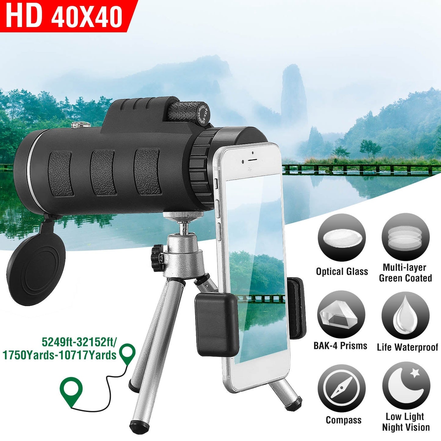 GemGear 40x40 HD monocular telescope with FMC lens, phone holder on tripod for bird watching on Tampa Home & Garden Store