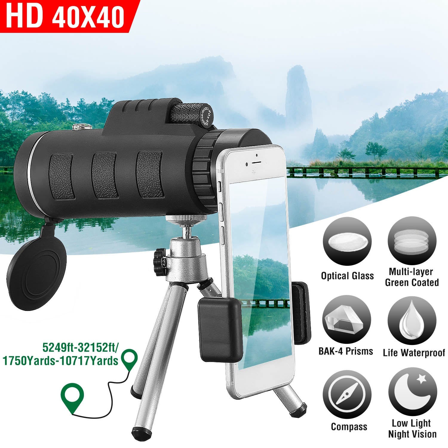 GemGear 40x40 HD monocular telescope with FMC lens, phone holder on tripod for bird watching on Tampa Home & Garden Store