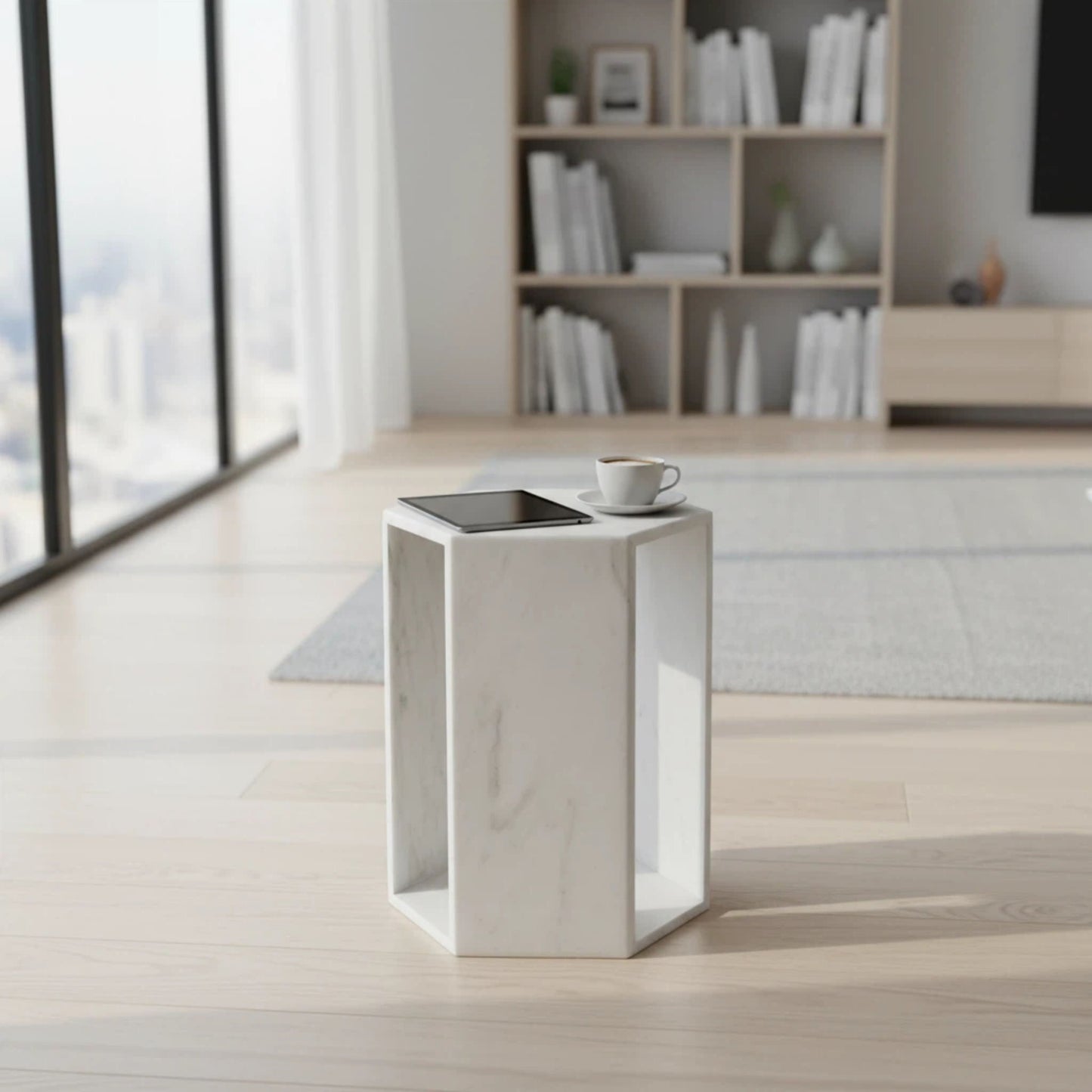 Modern Minimalist Hexagon Side Table with white marble top and white base on Tampa Home & Garden Store