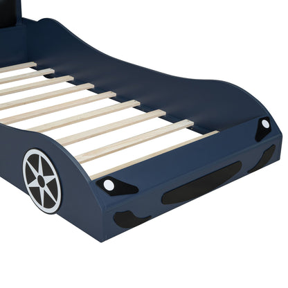 Race car shaped platform bed navy blue with wooden slats and wheel decals by HouseOfZazla on Tampa Home & Garden Store