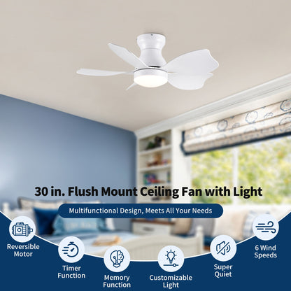 Low-profile white flush mount ceiling fan with integrated light and curved blade design on Tampa Home & Garden Store