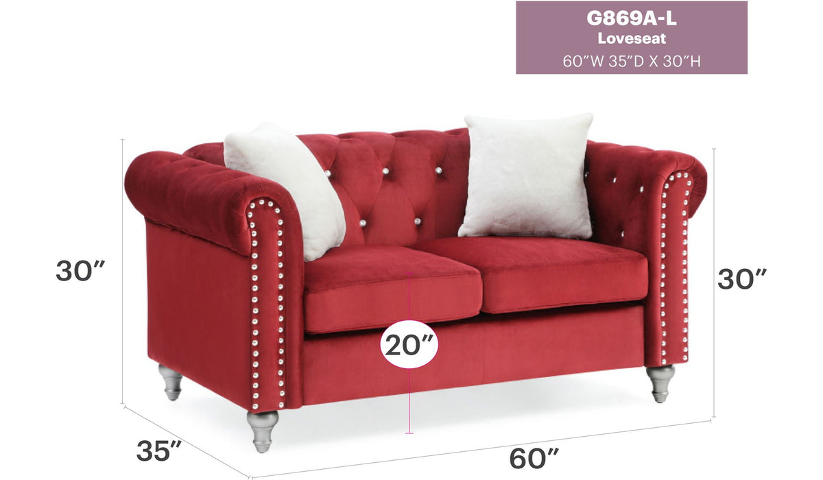 Contemporary red velvet loveseat with jeweled tufting and crystal buttons, 2 white pillows on Tampa Home & Garden Store