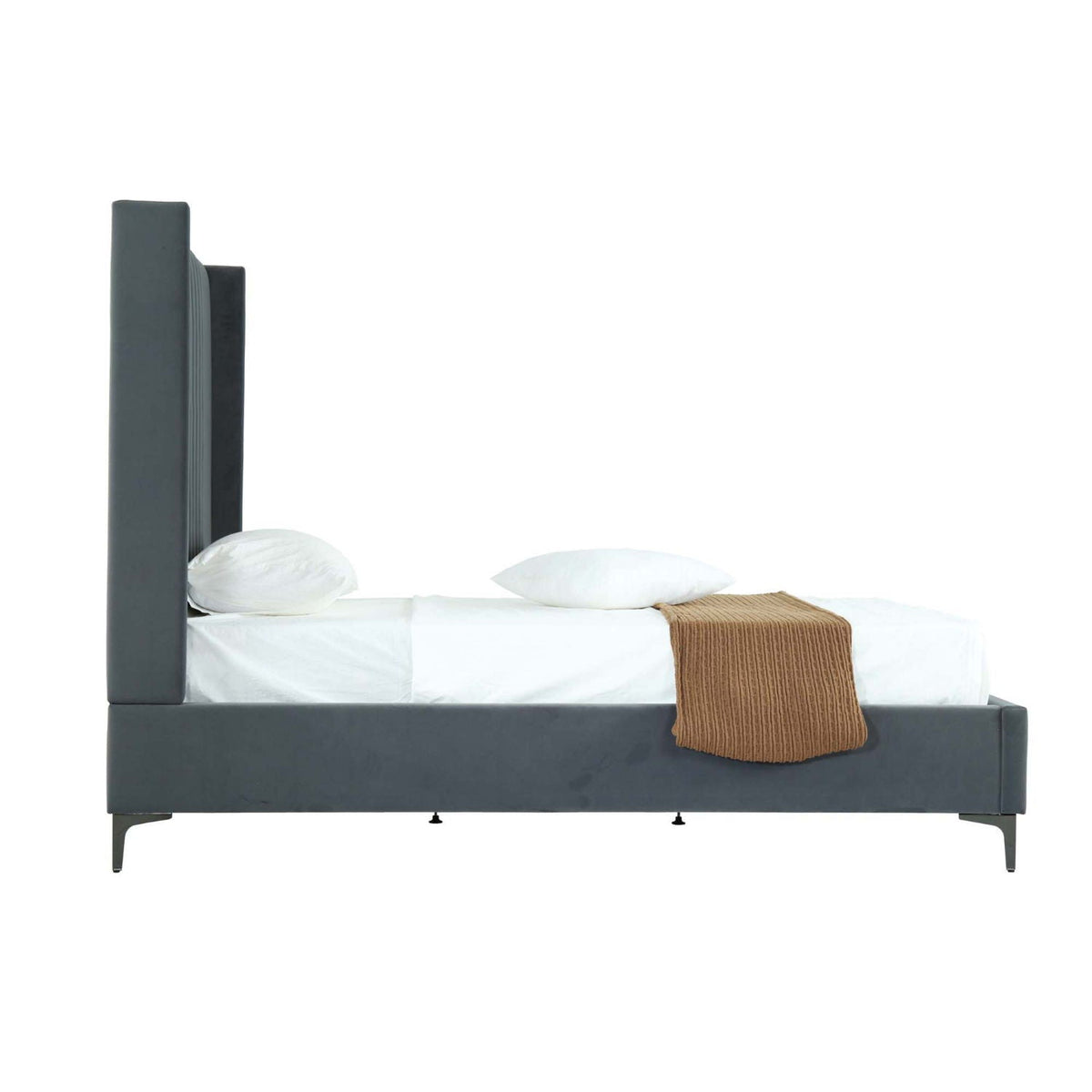 Promenade upholstered bed with gray headboard, white bedding, brown knit throw HouseOfZazla on Tampa Home & Garden Store