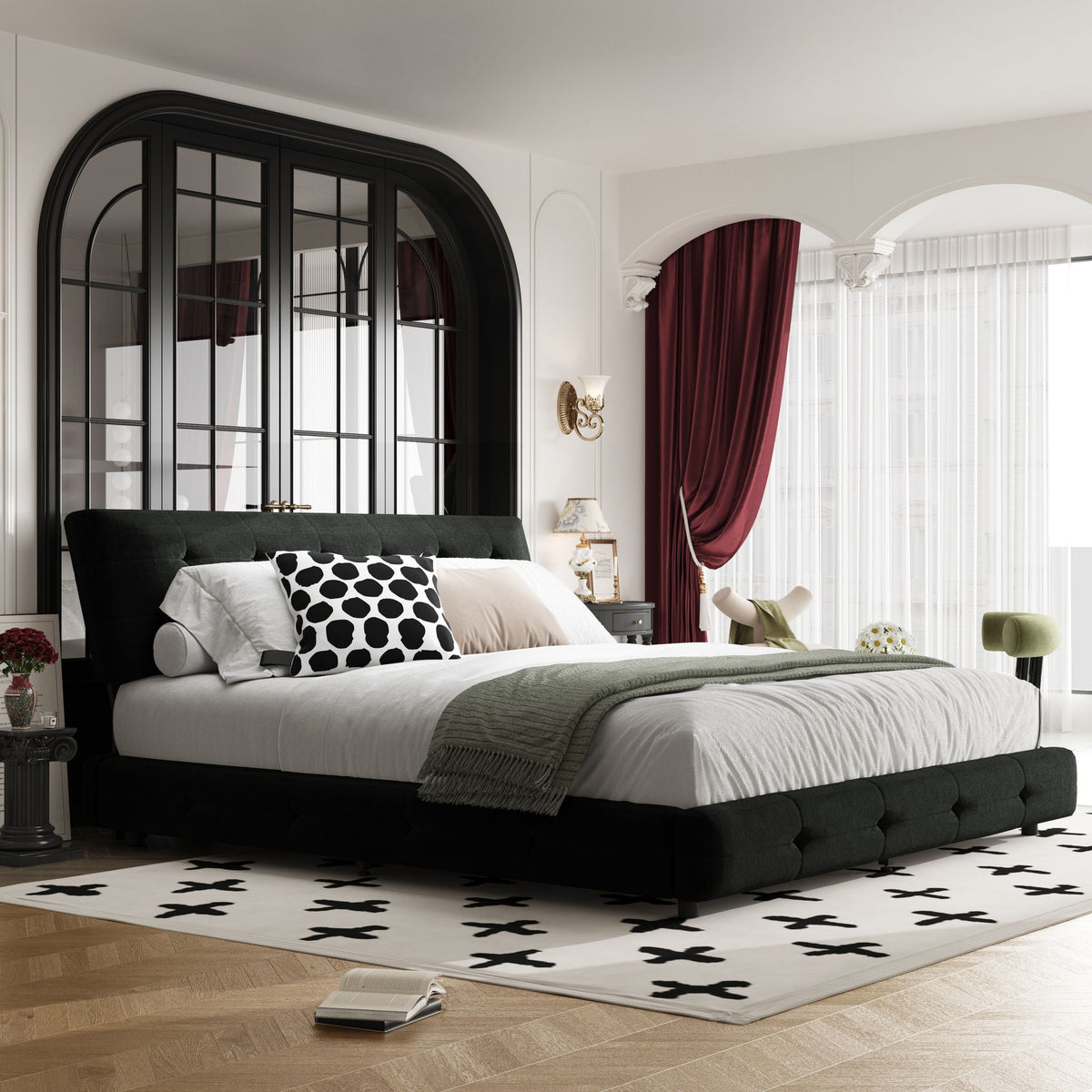 Tufted headboard upholstered bed in black fabric by HouseOfZazla on Tampa Home & Garden Store