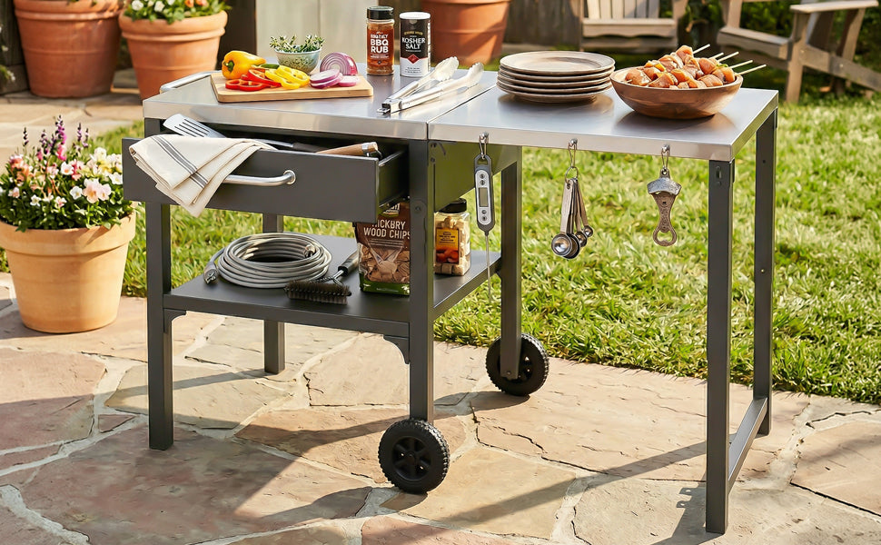 Outdoor Kitchen Cart Foldable Prep Station with stainless steel top drawers hooks HouseOfZazla on Tampa Home & Garden Store