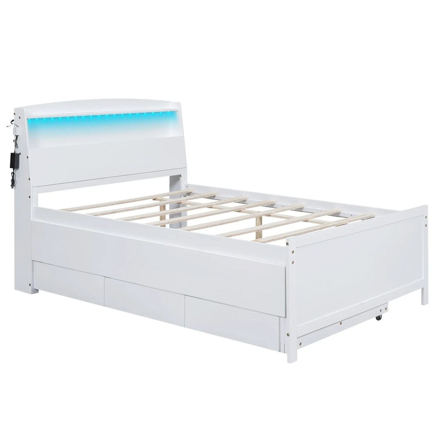 White full-size platform bed with LED headboard, twin trundle and three drawers on Tampa Home & Garden Store