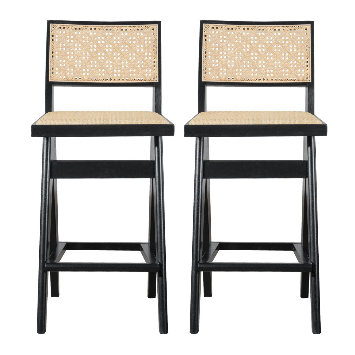 Black wood bar stools with full back and natural rattan cane seats, set of 2 on Tampa Home & Garden Store