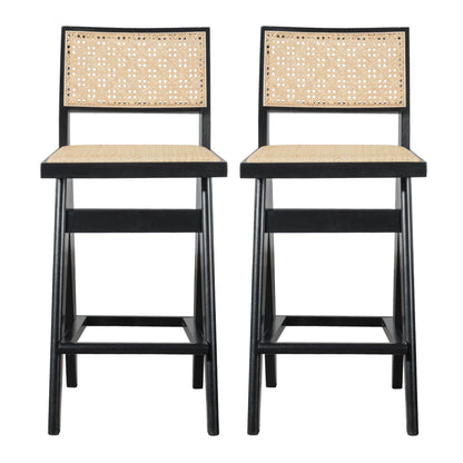 Black wood bar stools with full back and natural rattan cane seats, set of 2 on Tampa Home & Garden Store
