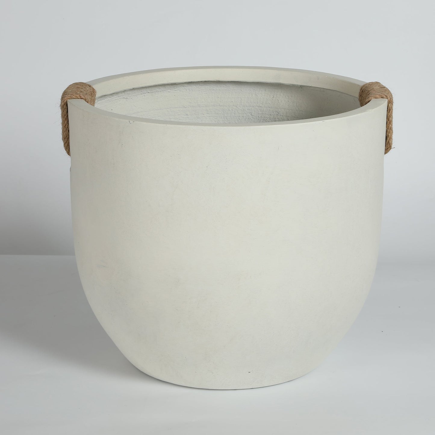 Round concrete planters set of 2, large handmade off-white with rope handles on Tampa Home & Garden Store