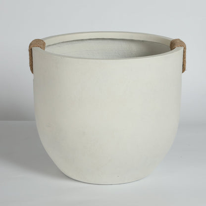 Round concrete planters set of 2, large handmade off-white with rope handles on Tampa Home & Garden Store