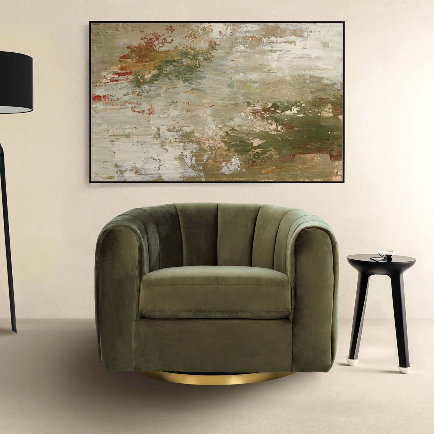 Cosey Green Velvet Swivel Chair by HouseOfZazla, upholstery, curved arms, round swivel base on Tampa Home & Garden Store