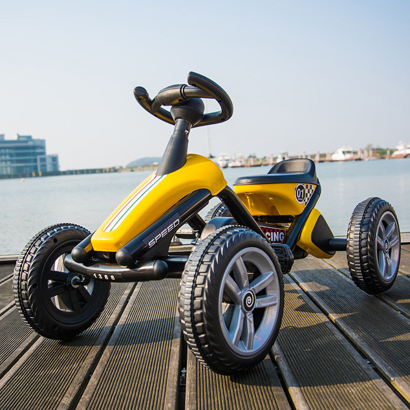 Kids' Pedal Go-Kart yellow with black frame, four wheels and racing decals by UpTrend Deals on Tampa Home & Garden Store