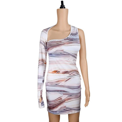 One-shoulder woodgrain print mini dress in white-brown by FLIPSTYLEZLLC on Tampa Home & Garden Store