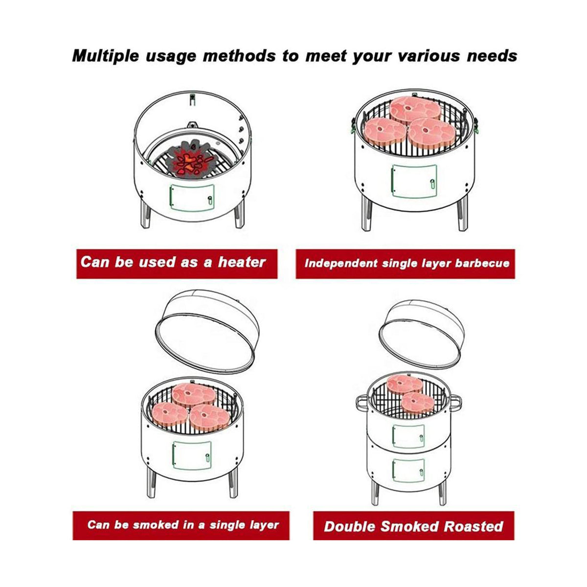 Outdoor double-layer charcoal grill stove diagram showing usage modes with meat on the grill on Tampa Home & Garden Store