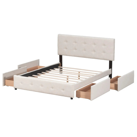 Upholstered bed with tufted headboard and four built-in drawers in light beige fabric, platform slat bed on Tampa Home & Garden Store