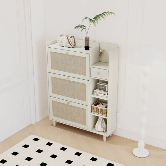 Natural Bohemian shoe cabinet with 3 flip drawers in light wood and cane-front panels, books on Tampa Home & Garden Store